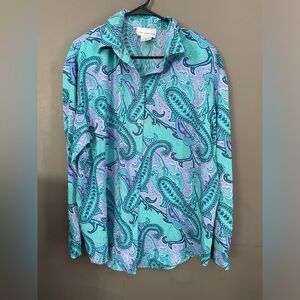 Susan Graver Vintage Blue & Purple Paisley Pattern Button Down Blouse Size XL